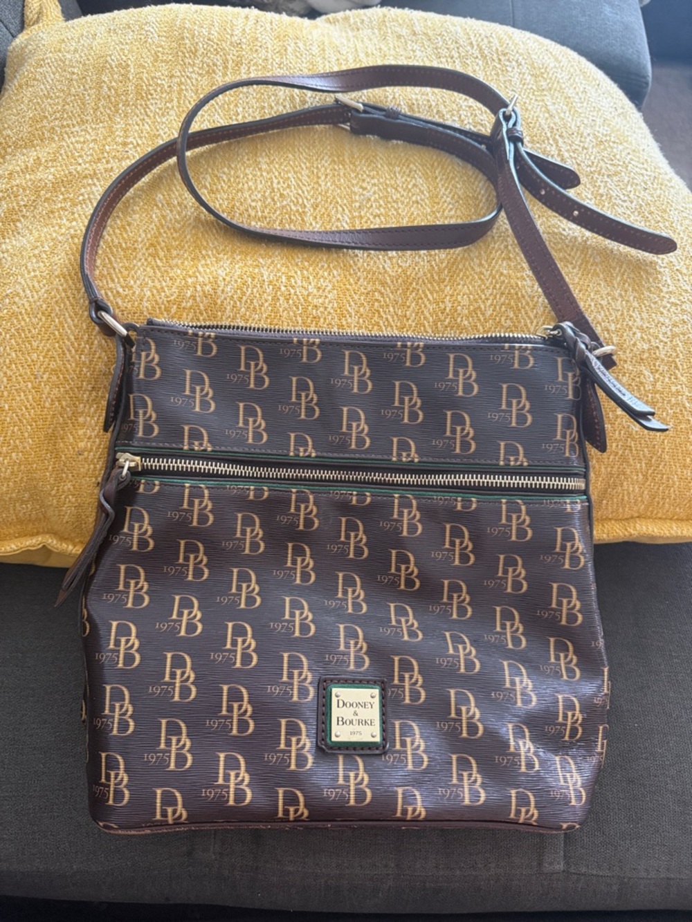 Dooney & Bourke Brown Monogram Crossbody with Tan Logos
